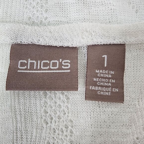 Chicos Womens Top Size 1 US 8 White Knit Semi Sheer Cutout Jaquard Short Sleeve - Picture 8 of 11